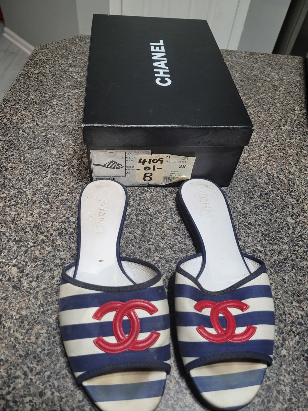CHANEL Navy, White & Red Striped Slide Mules